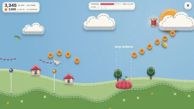 The plane carries buttons towards a red pincushion beside felt houses and trees